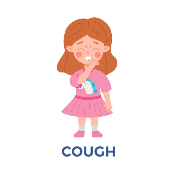 身穿粉色衣服的穷途末路的小女孩具有咳嗽流感症状扁平的风格 病媒图解在白色背景上孤立 设计元素 疾病与健康 疾病特征 — 图库矢量图片