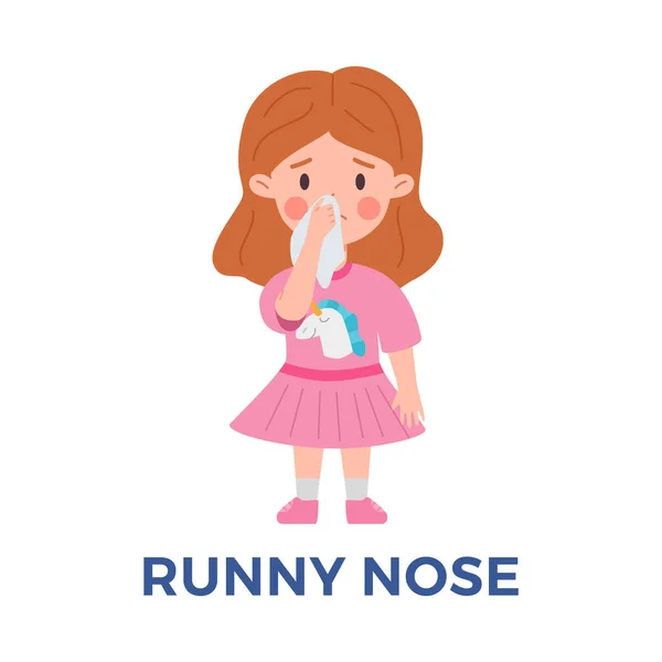 可悲的小女孩用手帕笔尖盖住鼻子 在白色背景上孤立的矢量图解 流鼻涕流感症状 — 图库矢量图片