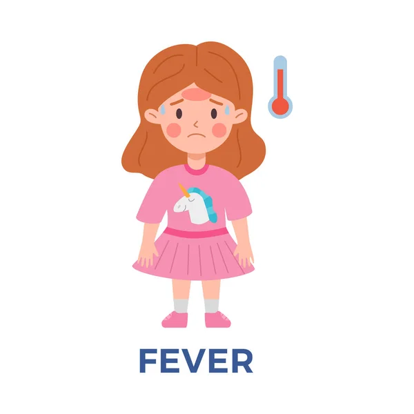 Αναστατωμένο Κορίτσι Παιδί Ροζ Φόρεμα Που Έχει Πυρετό Συμπτώματα Γρίπης — Διανυσματικό Αρχείο