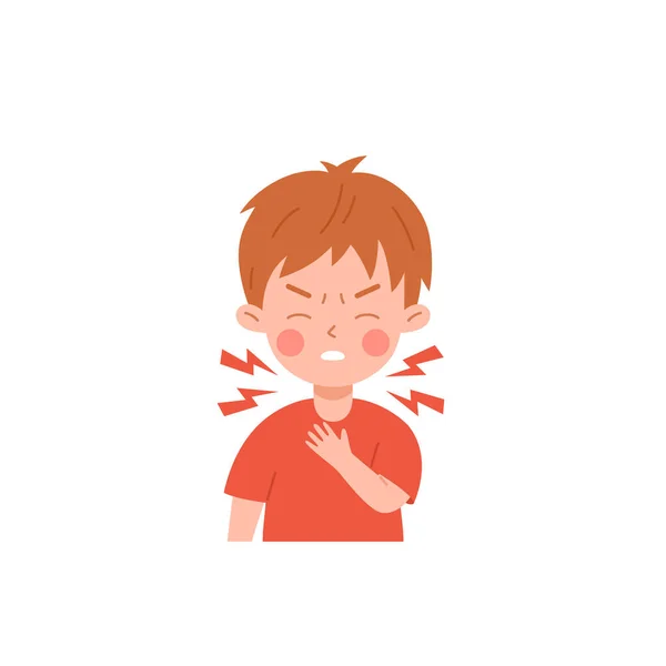 喉の炎症症状フラットスタイル 白い背景に隔離されたベクトルイラストを持っている子供の男の子 咳と刺激 病気の子供の文字 デザイン要素 — ストックベクタ