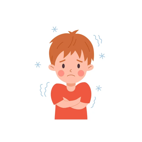 インフルエンザの症状フラットスタイル 白い背景に隔離されたベクターイラストを持つ赤いTシャツの子供の男の子を動揺させます 雪の結晶の兆候 不健康な文字 — ストックベクタ