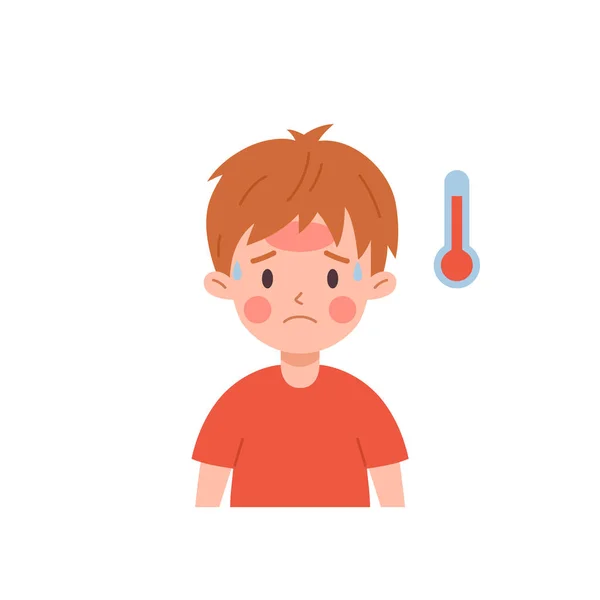 穿着红色T恤的可悲的小男孩有着感冒症状扁平的风格 在白色背景上孤立的病媒图解 生病的儿童 烦躁的性格 疾病和保健 — 图库矢量图片