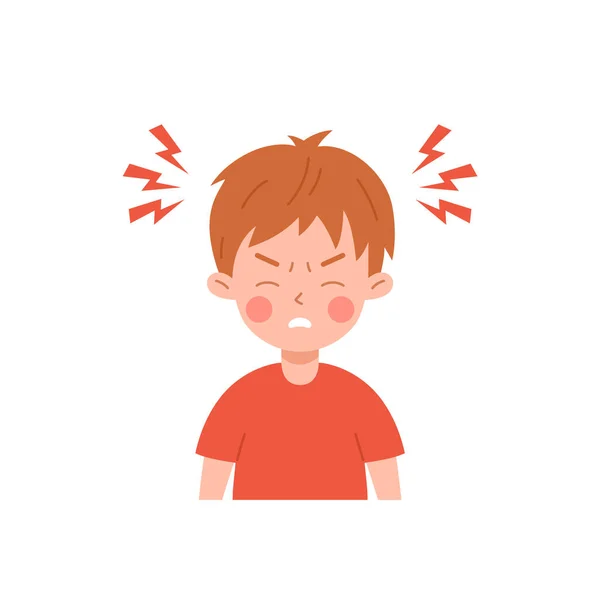 赤いTシャツを着た疲れ切った小さな男の子は 頭痛の種インフルエンザの症状フラットスタイル 白い背景に隔離されたベクトルイラストを持っています 病気の子供 デザイン要素 — ストックベクタ