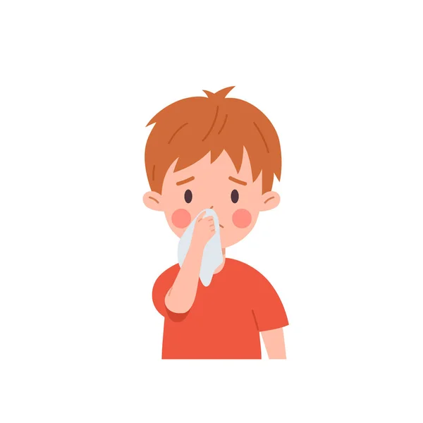 悲しい子供の男の子は白い背景に隔離されたハンカチフラットスタイル ベクトルイラストで鼻を拭く 鼻水インフルエンザの症状 動揺病気の子供 健康と薬 — ストックベクタ