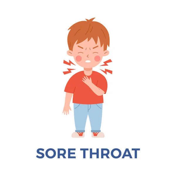 小男孩喉头酸痛 卡通人物扁平 画面孤立在白色背景下 呼吸道疾病 感冒和流感的症状 — 图库矢量图片