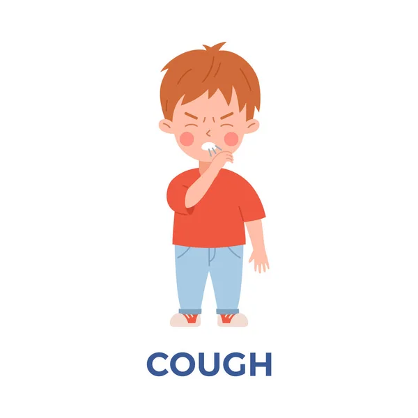 咳嗽难过男孩平淡的风格 矢量图解孤立在白色背景上 流感症状 生病的孩子 嗓子疼 设计要素 — 图库矢量图片