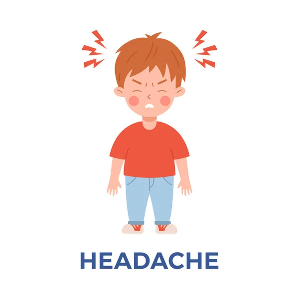 男孩头痛 扁平的病媒图解孤立在白色背景上 有头痛 流感和流感症状的小孩 被病毒感染的孩子 — 图库矢量图片