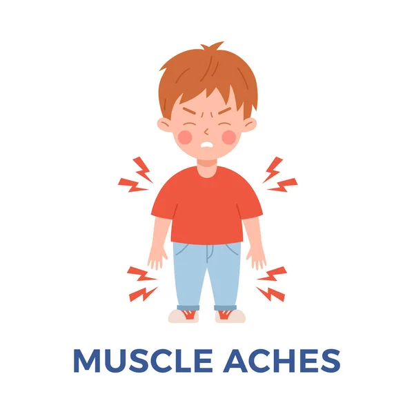 Kind Mit Muskelschmerzen Flache Vektordarstellung Isoliert Auf Weißem Hintergrund Junge — Stockvektor