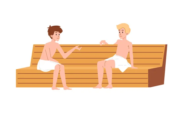 Männer Handtüchern Sitzen Auf Einer Holzbank Der Sauna Flache Vektordarstellung — Stockvektor