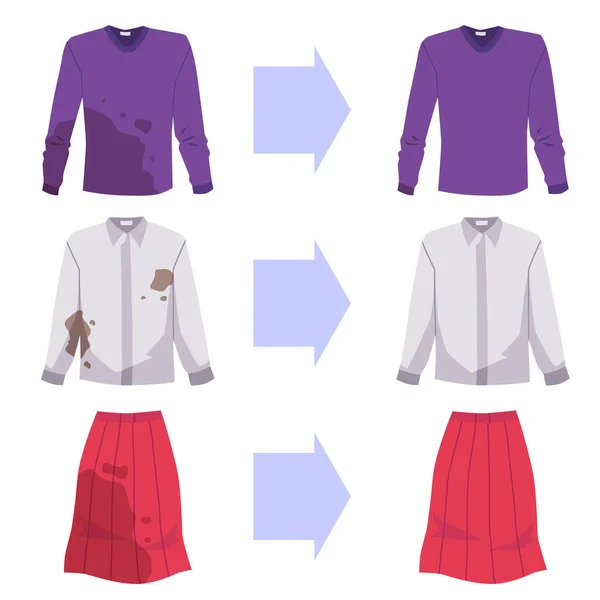 Pullover Hemd Und Rock Vor Und Nach Dem Waschen Flach — Stockvektor