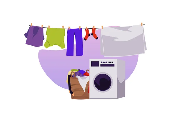 Nettoyer Les Vêtements Lavés Séchage Sur Corde Après Blanchisserie Machine — Image vectorielle