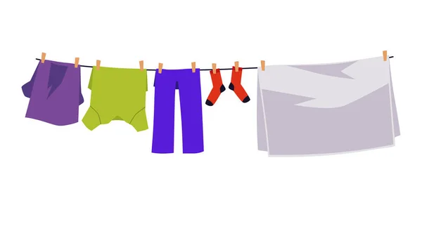 Nettoyer Les Vêtements Frais Suspendus Sur Ligne Lavage Après Lessive — Image vectorielle