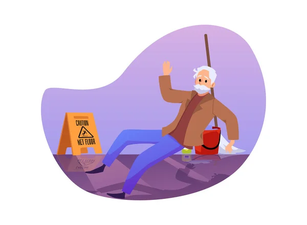 Падающий Пожилой Человек Поскользнулся Мокром Полу Плоском Стиле Векторная Иллюстрация — стоковый вектор