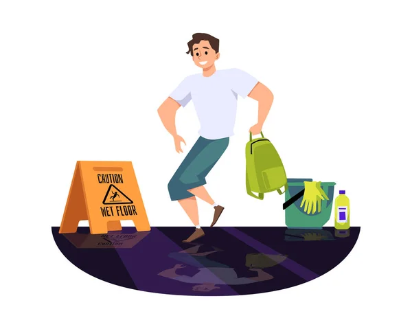 男は慎重にぬれた床の上を歩くと フラットベクトルイラスト白の背景に隔離された 掃除用品と濡れた床の注意サイン付きのバスケット 安全と予防の概念 — ストックベクタ