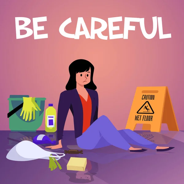 Будьте Осторожны Предупредительный Баннер Плакат Предупреждения Риске Падения Травмы Влажном — стоковый вектор