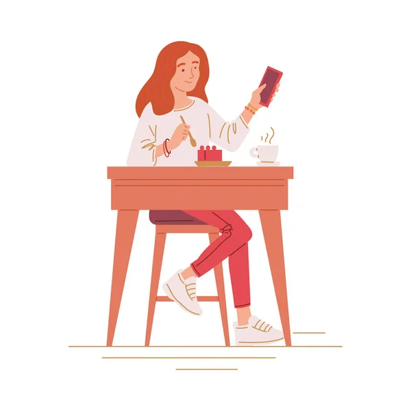 Femme Manger Gâteau Enregistrement Vidéo Examen Sur Smartphone Restaurant Blogging — Image vectorielle