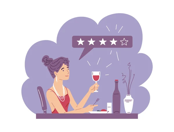 美食博客对餐馆里的葡萄酒给予正面评价 食物评论家在餐馆用餐时留下评论 白色背景下的平面矢量图解 — 图库矢量图片