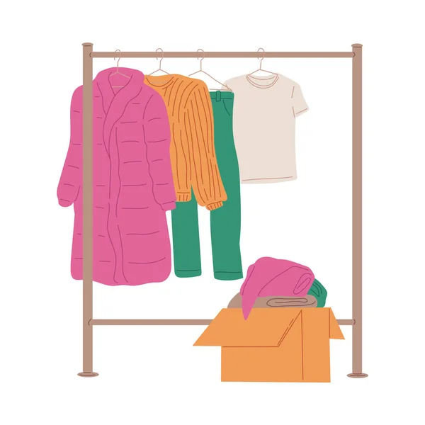 stock vector Rack and box with used clothing for swap party or second hand market sales, flat vector illustration isolated on white background. Flea market and swapping clothing.