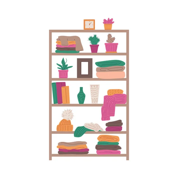 Second Hand Shop Shelf Used Clothes Books Home Decor Flat — Stock Vector