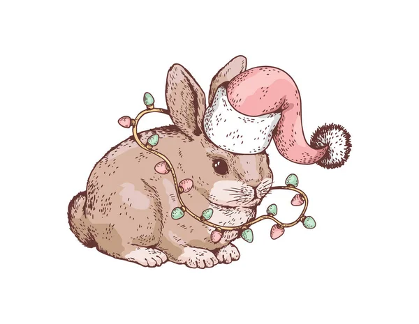 可爱有趣的兔子坐在圣诞帽子和花环素描风格 病媒插图孤立在白色背景 度假动物 装饰设计元素 — 图库矢量图片
