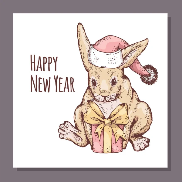 Χαριτωμένο Κουνέλι Κρατώντας Κουτί Δώρου Ευτυχισμένο Νέο Έτος Επιγραφή Ευχετήρια — Διανυσματικό Αρχείο