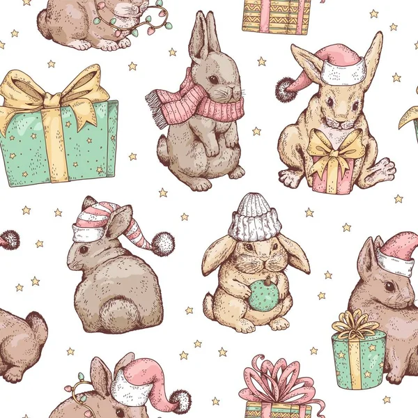 Dibujado Mano Patrón Sin Costuras Navidad Con Conejos Lindos Cajas — Archivo Imágenes Vectoriales