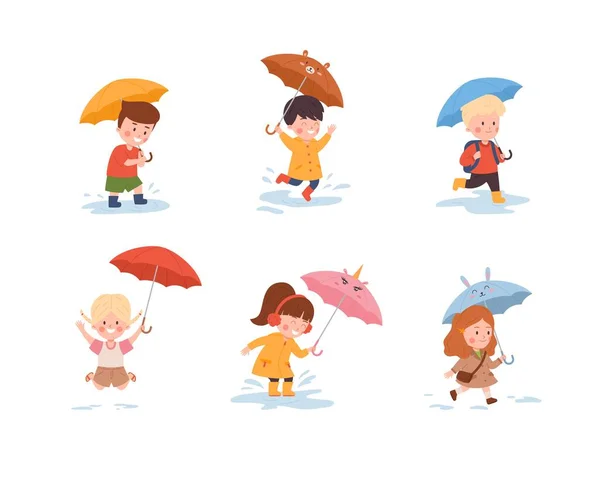 Barn Hösten Med Paraplyer Platt Tecknad Vektor Illustration Isolerad Vit — Stock vektor