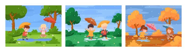Bambini Felici Che Tengono Ombrello Sotto Pioggia Diverse Stagioni Illustrazione — Vettoriale Stock