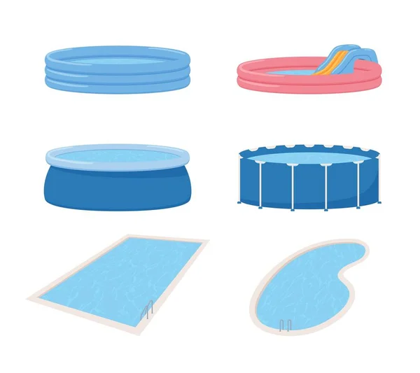 異なる形状のインフレータブルプールセット 白い背景に隔離されたフラットベクトルイラスト 水ゲームやエンターテイメントのためのゴム製のスイミングインフレータブルプール — ストックベクタ