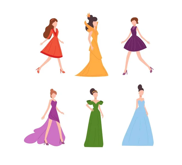 Fashion Beautiful Female Models Walking Presenting Collection Clothing Flat Vector — Stock Vector
