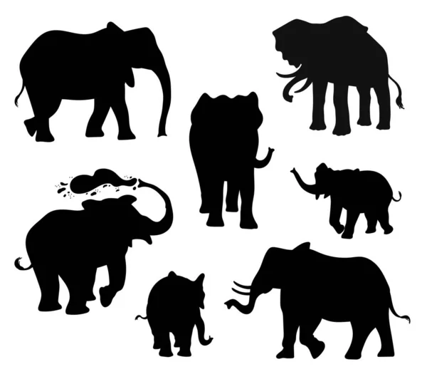 stock vector Black elephant silhouettes symbols set vector illustration isolated on white background. African elephants animals black outline shapes or contours bundle.