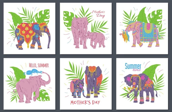Themenbanner Für Sommer Und Muttertag Oder Karten Kollektion Mit Elefanten — Stockvektor