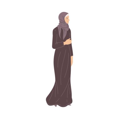 Burka ve atkı tarzı giyinmiş kadınlar, beyaz arka planda izole edilmiş vektör çizimi. Doğu kültürü, gelenekler, kadın karakteri, tasarım unsuru