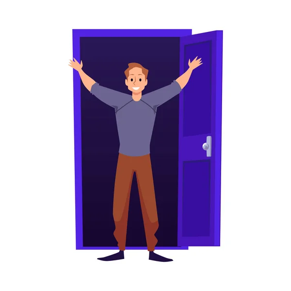 Glücklich Fröhlicher Mann Der Der Tür Mit Offener Tür Steht — Stockvektor