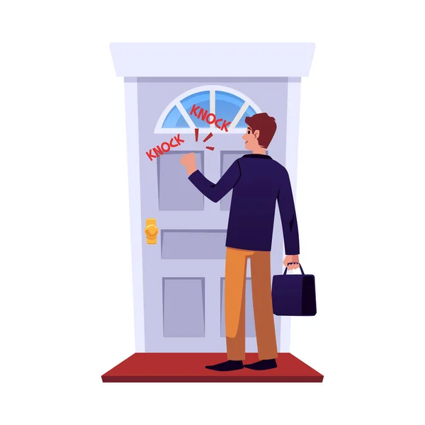 Young Smiling Man Suit Holding Case Knocking Closed Door Flat — Stock Vector
