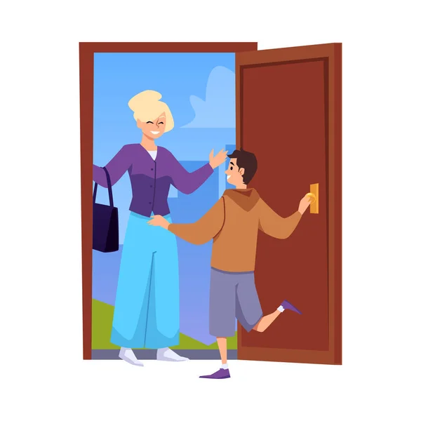 stock vector Happy boy meeting his mother in the doorway, flat vector illustration isolated on white background. Woman comes back from work to her child. People meeting at the door.