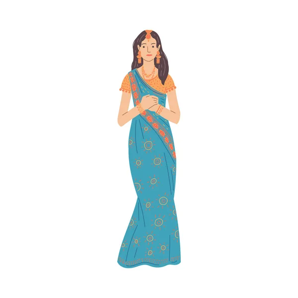 Indiska Kvinna Traditionella Kläder Och Accessoarer Platt Vektor Illustration Isolerad — Stock vektor
