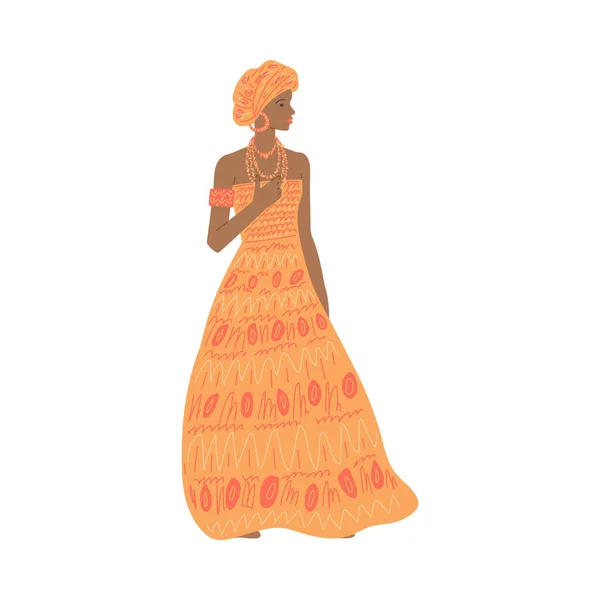 Mujer Africana Ropa Tradicional Accesorios Turbante Ilustración Vectorial Plana Aislada — Vector de stock