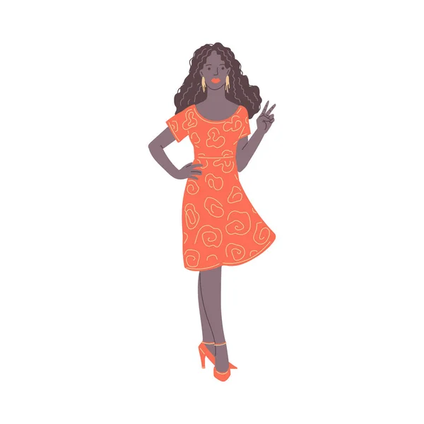Hermosa Mujer Negra Vestido Ilustración Vectorial Plana Aislada Sobre Fondo — Vector de stock