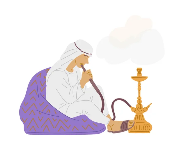 Arabe Homme Vêtements Traditionnels Assis Fumeur Narguilé Plat Vecteur Illustration — Image vectorielle
