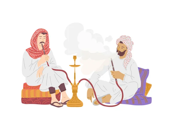 Hommes Arabes Fumant Narguilé Calebasse Illustration Vectorielle Plat Isolé Sur — Image vectorielle