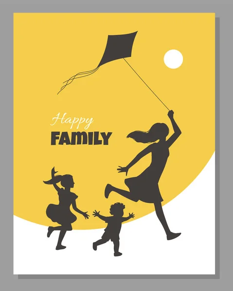 Счастливый Дизайн Семейного Плаката Открытки Силуэтами Матери Детей Запускающих Воздушного — стоковый вектор