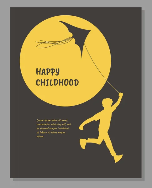 幸せな子供の頃のフラットスタイル 灰色の背景に隔離されたベクトルイラストについてのポスターや垂直バナー 実行中の男の子の黄色のシルエット 凧揚げ 楽しさとレジャー — ストックベクタ