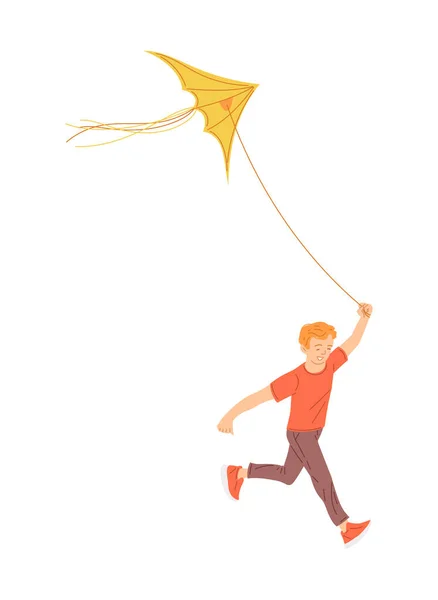 Niño Corriendo Volando Una Cometa Ilustración Plana Vector Dibujos Animados — Archivo Imágenes Vectoriales