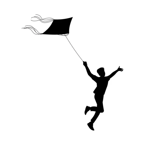 Zwart Silhouet Van Hardlopen Springen Jongen Met Vlieger Platte Stijl — Stockvector