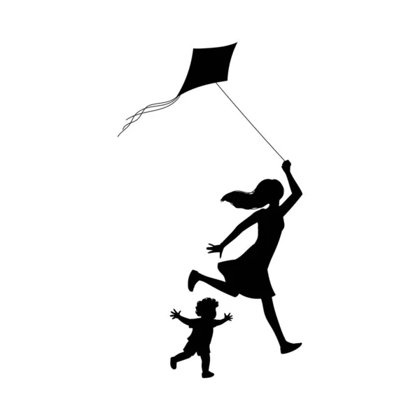 Moeder Spelen Met Kind Zwarte Silhouetten Platte Cartoon Vector Illustratie — Stockvector