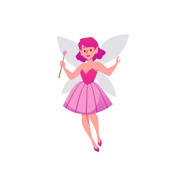 Cute Fairy Lub Pixie Magiczną Różdżką Różowe Włosy Sukienka Kreskówka — Wektor stockowy