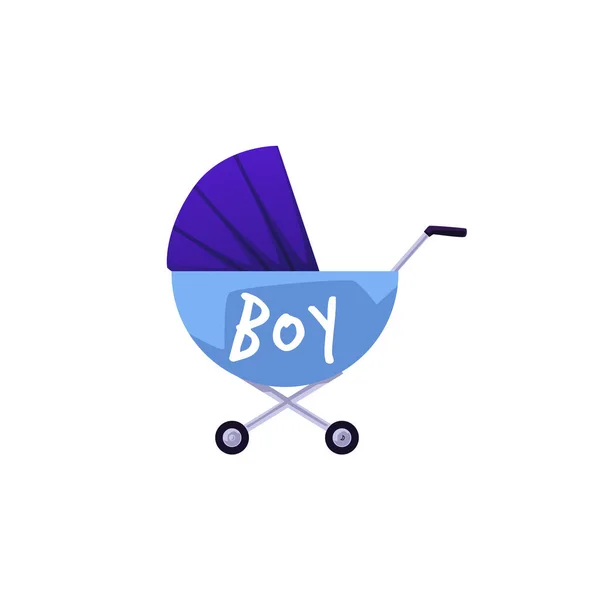 男の子の碑文フラットスタイル 白い背景に隔離されたベクトルイラストとブルーの赤ちゃんの馬車 装飾的なデザイン要素 新生児輸送ツール ベビーシャワーパーティーのための贈り物 — ストックベクタ