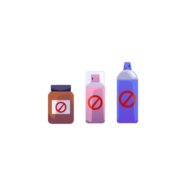 色彩斑斓的瓶子 带有剧毒喷剂 用于虫害防治服务的扁平风格 病媒图解 白色背景 设计元素 红色圆号 — 图库矢量图片