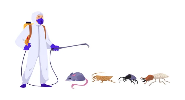 様々な害虫や昆虫で保護スーツの害虫制御昆虫や消毒剤労働者のキャラクター 白い背景に隔離されたフラットベクトルイラスト — ストックベクタ